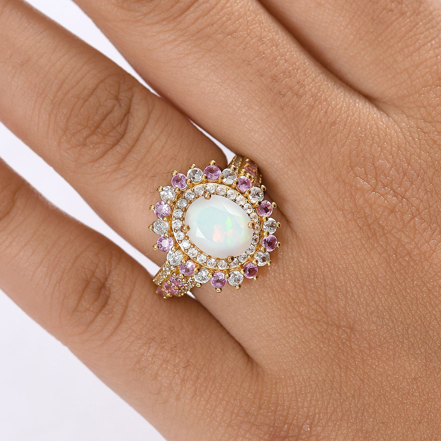 Ethiopian Opal, Pink Sapphire & White Zircon Cherry Blossom Ring in 18K Vermeil Yellow Gold Plating Sterling Silver 4.09 Ct.