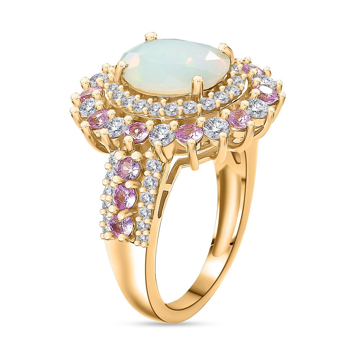 Ethiopian Opal, Pink Sapphire & White Zircon Cherry Blossom Ring in 18K Vermeil Yellow Gold Plating Sterling Silver 4.09 Ct.