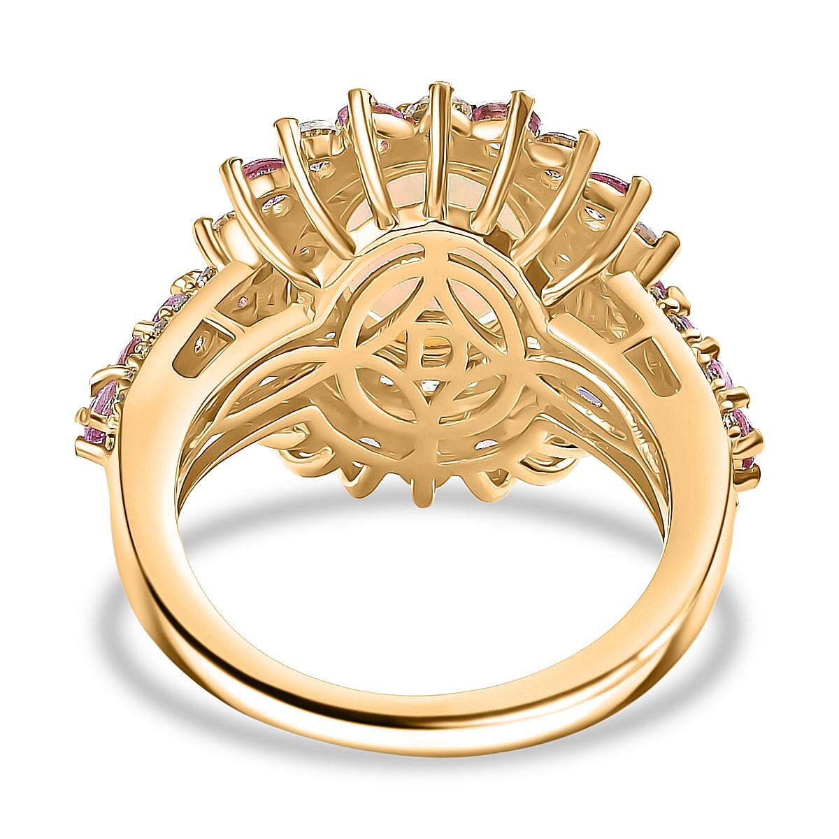Ethiopian Opal, Pink Sapphire & White Zircon Cherry Blossom Ring in 18K Vermeil Yellow Gold Plating Sterling Silver 4.09 Ct.