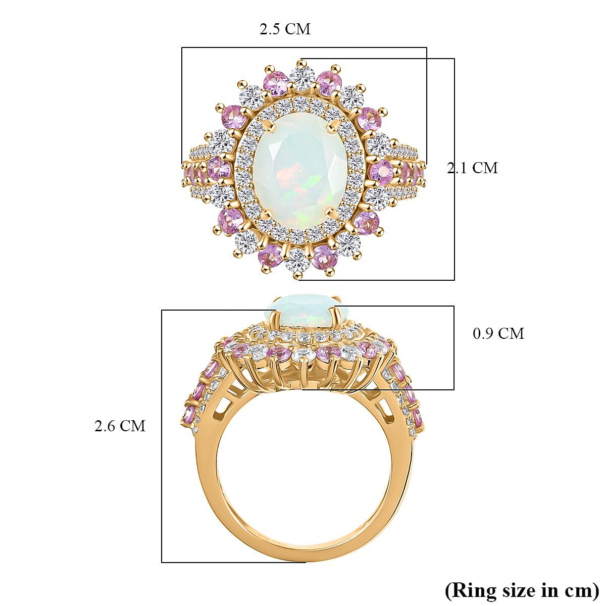 Ethiopian Opal, Pink Sapphire & White Zircon Cherry Blossom Ring in 18K Vermeil Yellow Gold Plating Sterling Silver 4.09 Ct.