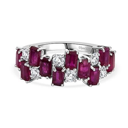 D’joy African Ruby, White Zircon Ring in Rhodium Overlay Sterling Silver 6.75 Ct.