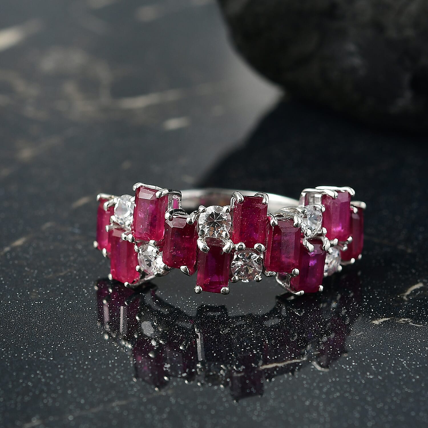 AAA African Ruby & Zircon Ring in Rhodium Overlay Sterling Silver 6.75 Ct.