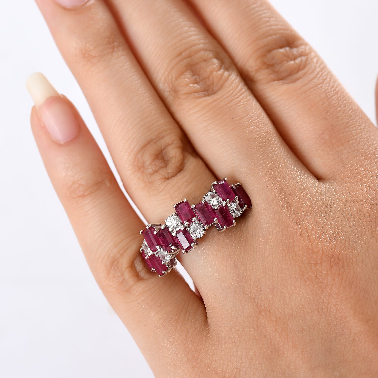 AAA African Ruby & Zircon Ring in Rhodium Overlay Sterling Silver 6.75 Ct.