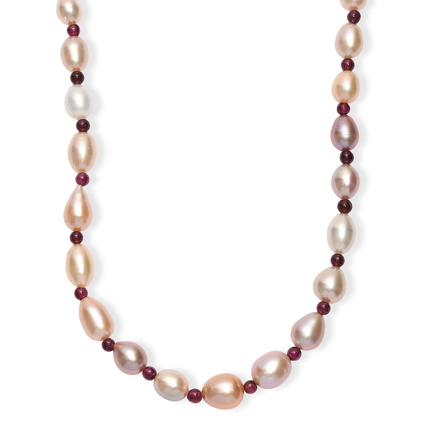 Multi Colour Fresh Water Pearl & Red Garnet Necklace (Size 18 - 2 Ext) with Lobster Clasp in Rhodium Overlay Sterling Silver 100.00 Ct.