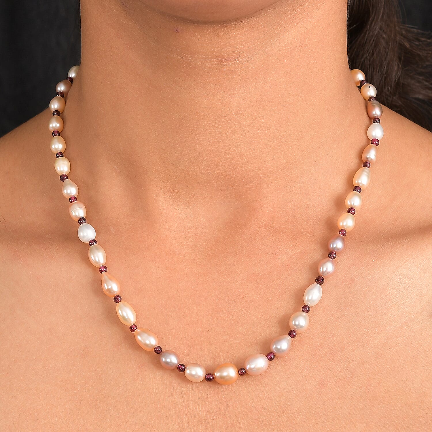 Multi Colour Fresh Water Pearl & Red Garnet Necklace (Size 18 - 2 Ext) with Lobster Clasp in Rhodium Overlay Sterling Silver 100.00 Ct.