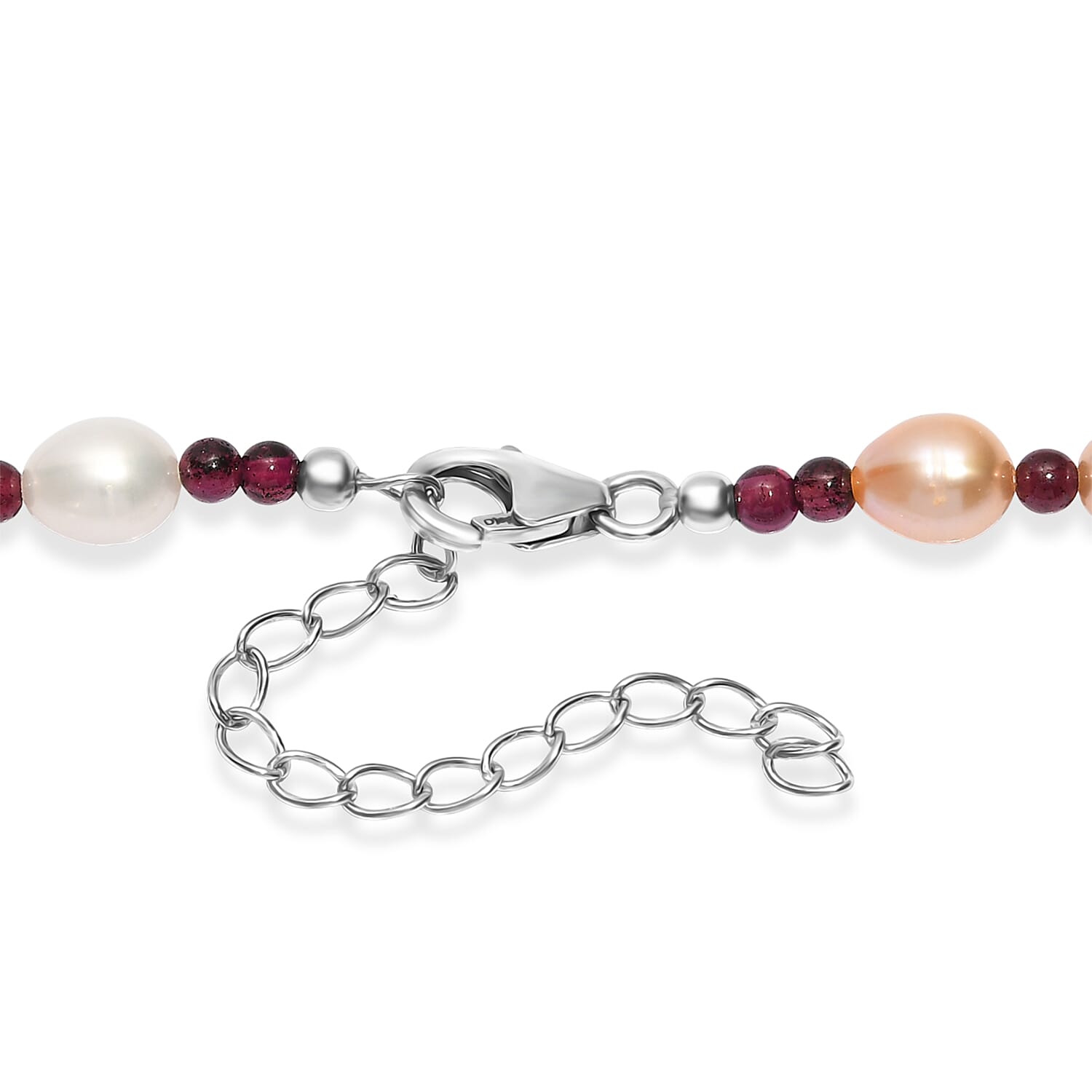 Multi Colour Fresh Water Pearl & Red Garnet Necklace (Size 18 - 2 Ext) with Lobster Clasp in Rhodium Overlay Sterling Silver 100.00 Ct.