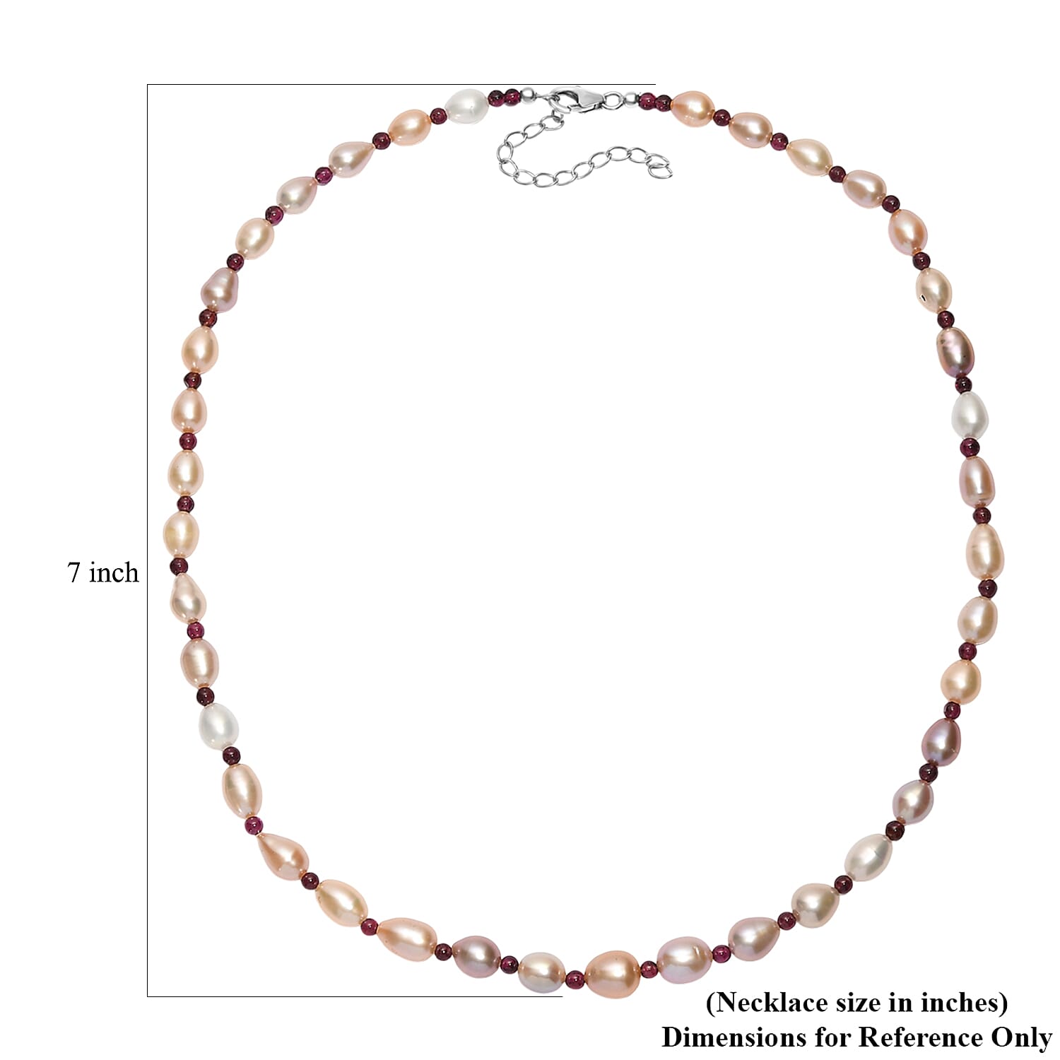 Multi Colour Fresh Water Pearl & Red Garnet Necklace (Size 18 - 2 Ext) with Lobster Clasp in Rhodium Overlay Sterling Silver 100.00 Ct.