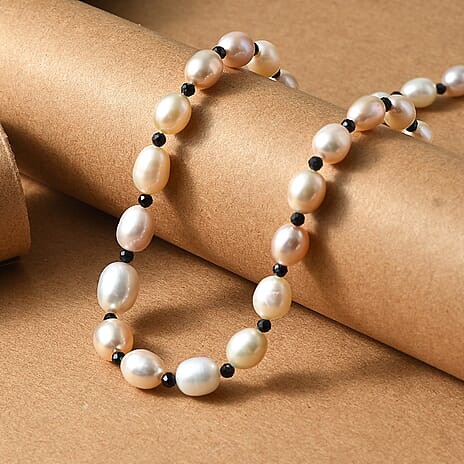 Multi Colour Fresh Water Pearl & Black Spinel Necklace (Size - 18 -2 Ext) with Lobster Clasp in Rhodium Overlay Sterling Silver 108.00 Ct.