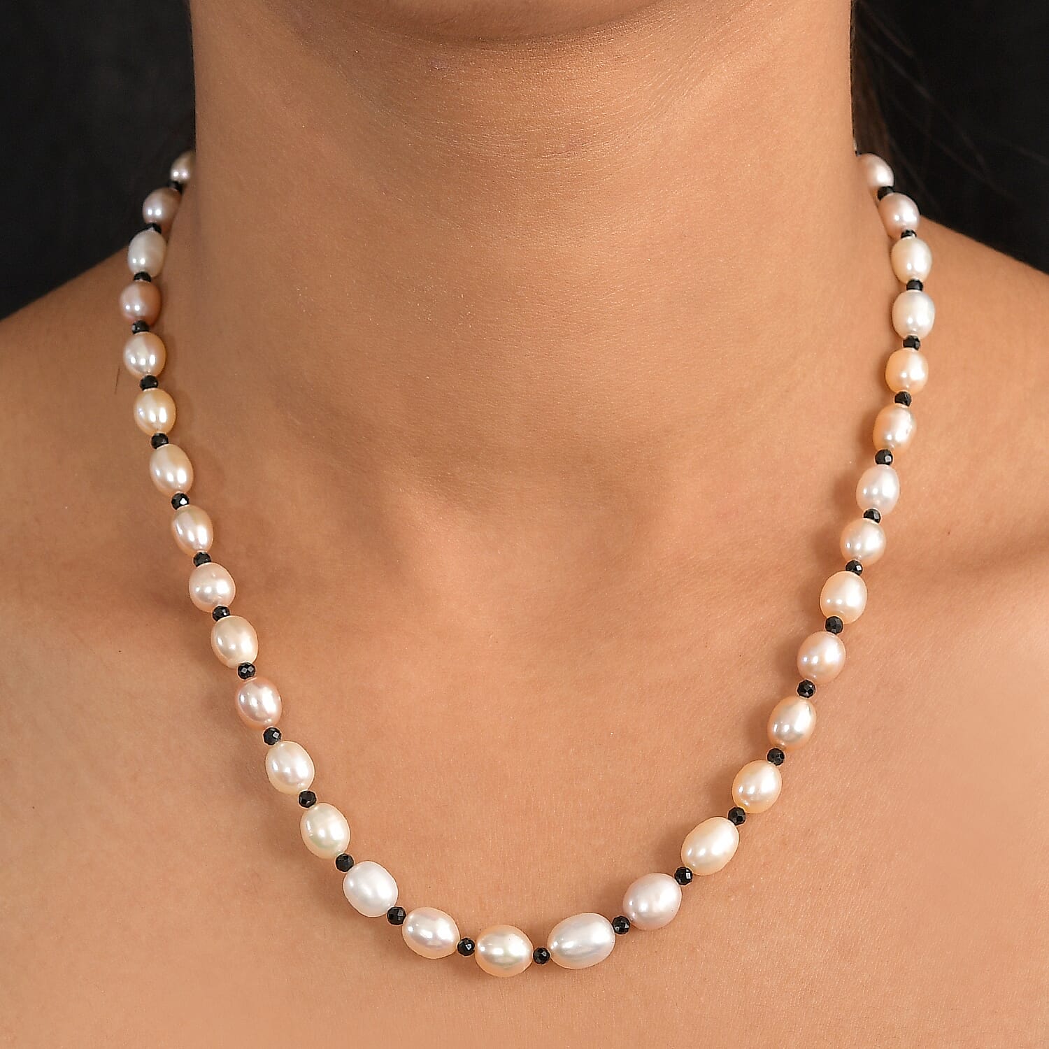 Multi Colour Fresh Water Pearl & Black Spinel Necklace (Size - 18 -2 Ext) with Lobster Clasp in Rhodium Overlay Sterling Silver 108.00 Ct.
