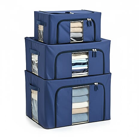 Set of 3- Foldable Oxford Fabric Storage Box with 3 window - Blue