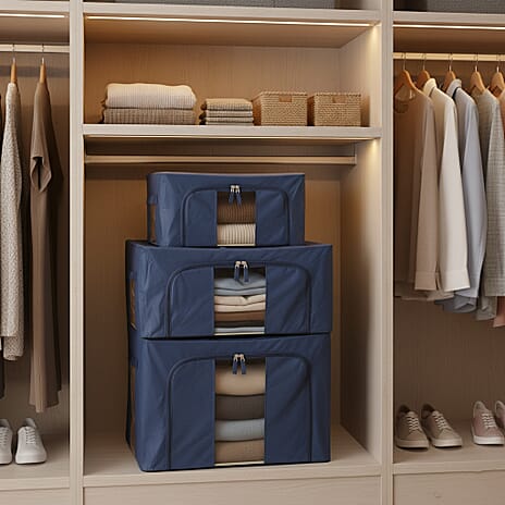 Set of 3- Foldable Oxford Fabric Storage Box with 3 window - Blue