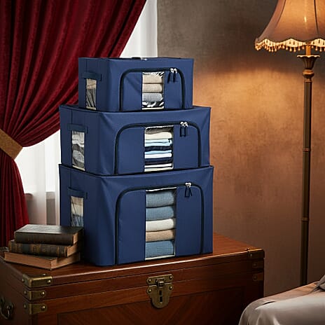 Set of 3- Foldable Oxford Fabric Storage Box with 3 window - Blue