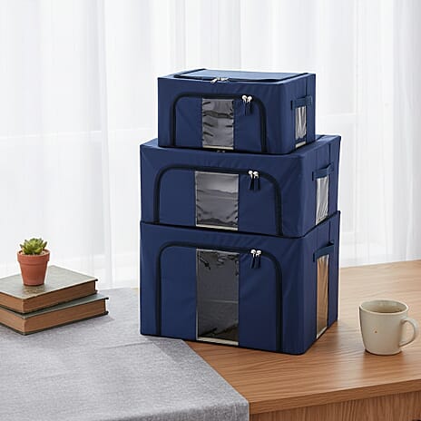 Set of 3- Foldable Oxford Fabric Storage Box with 3 window - Blue