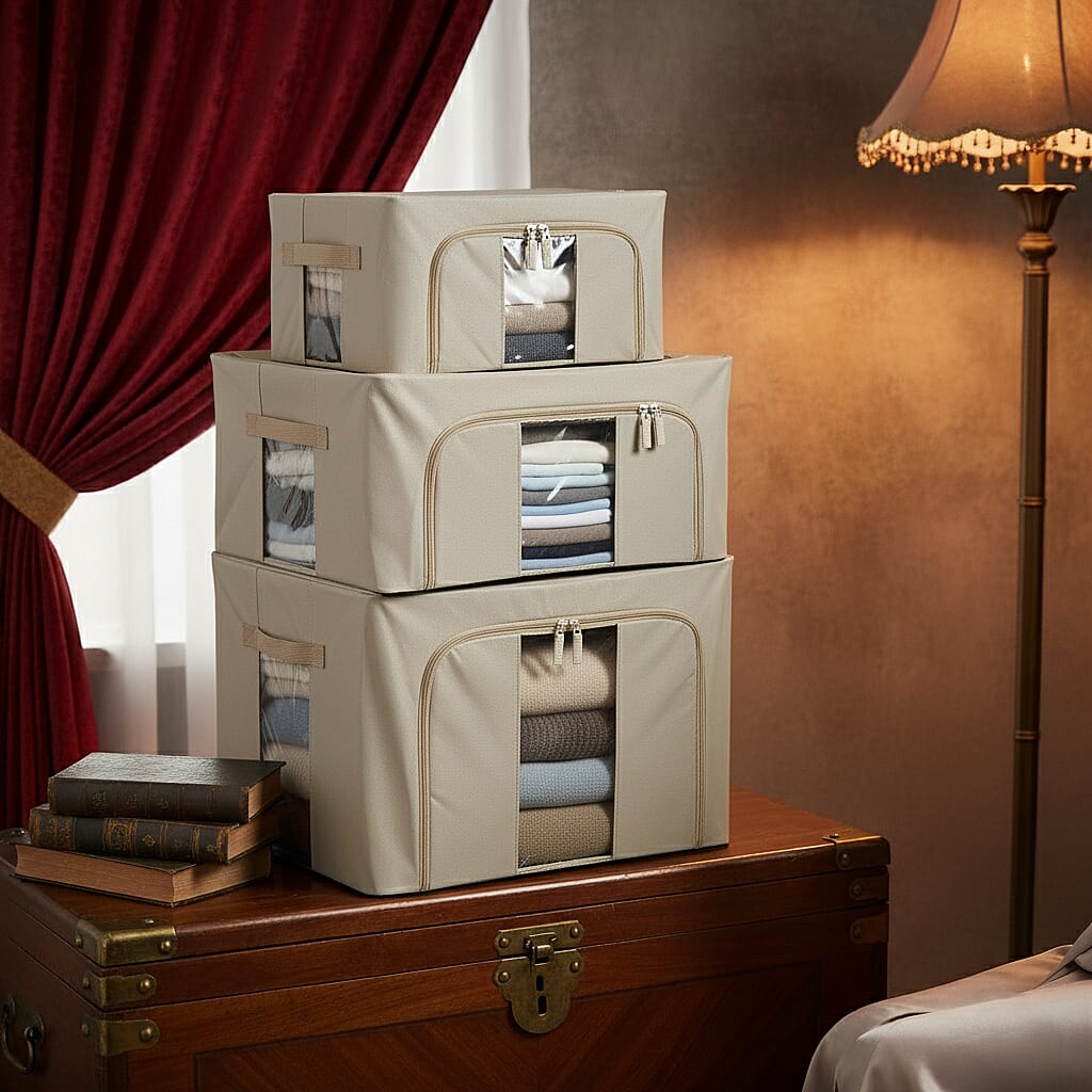 Set of 3- Foldable Oxford Fabric Storage Box with 3 window - Light Yellow