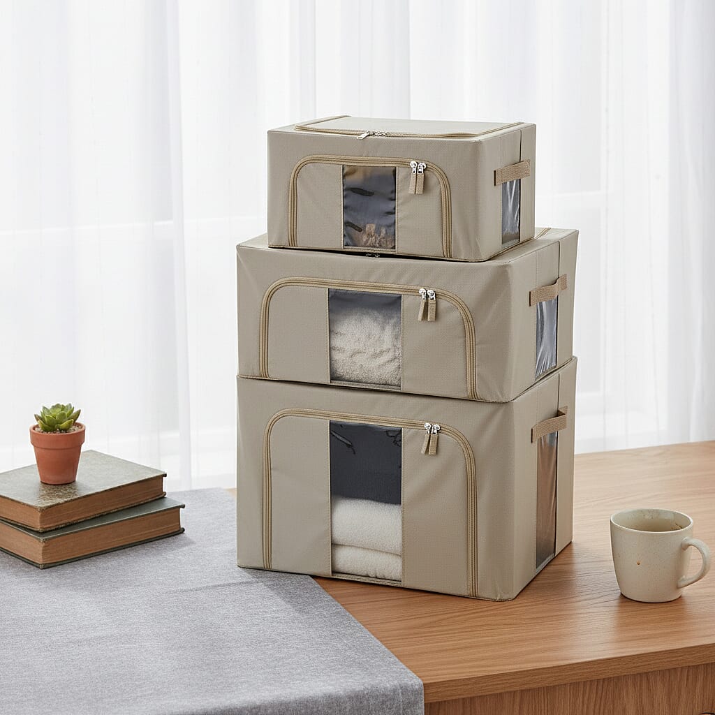 Set of 3- Foldable Oxford Fabric Storage Box with 3 window - Light Yellow