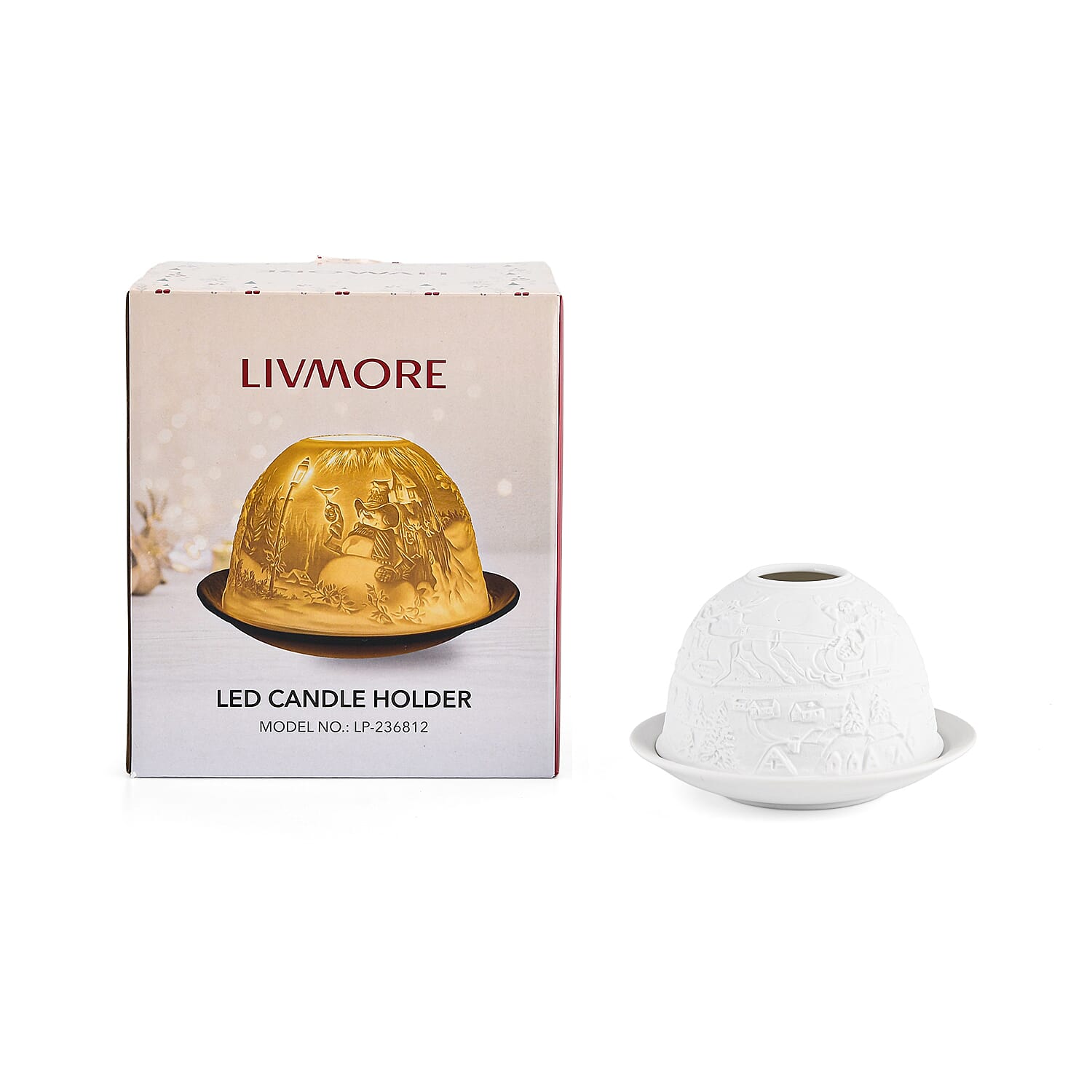 LIVMORE Christmas Porcelain Tealight Candle Holder - Santa & Reindeer Pattern, 13-Color LED Light with Remote Control