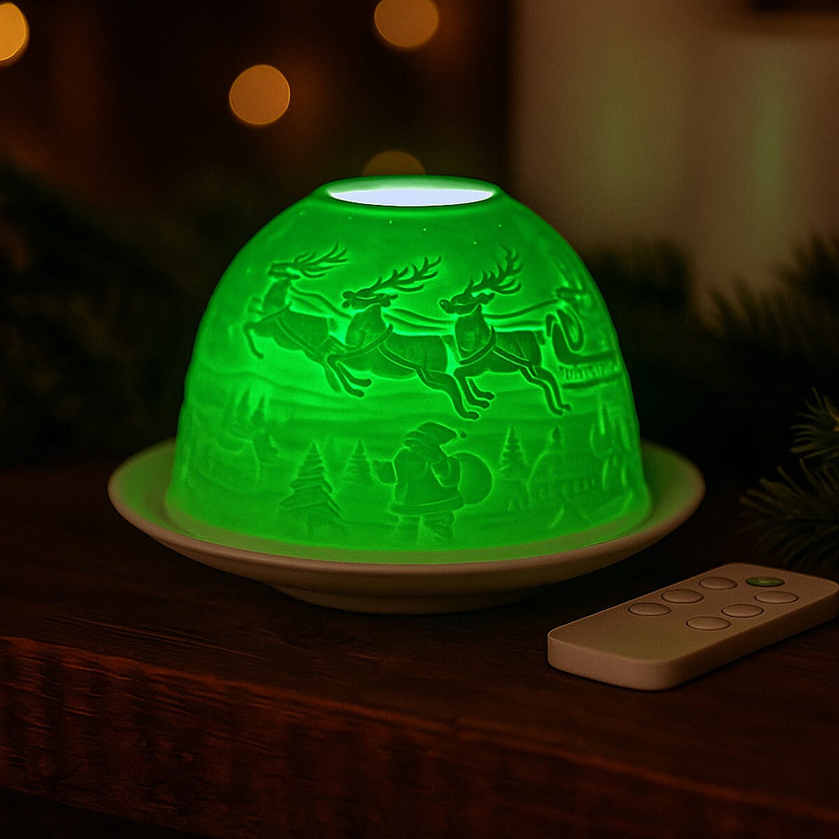 LIVMORE Christmas Porcelain Tealight Candle Holder - Santa & Reindeer Pattern, 13-Color LED Light with Remote Control