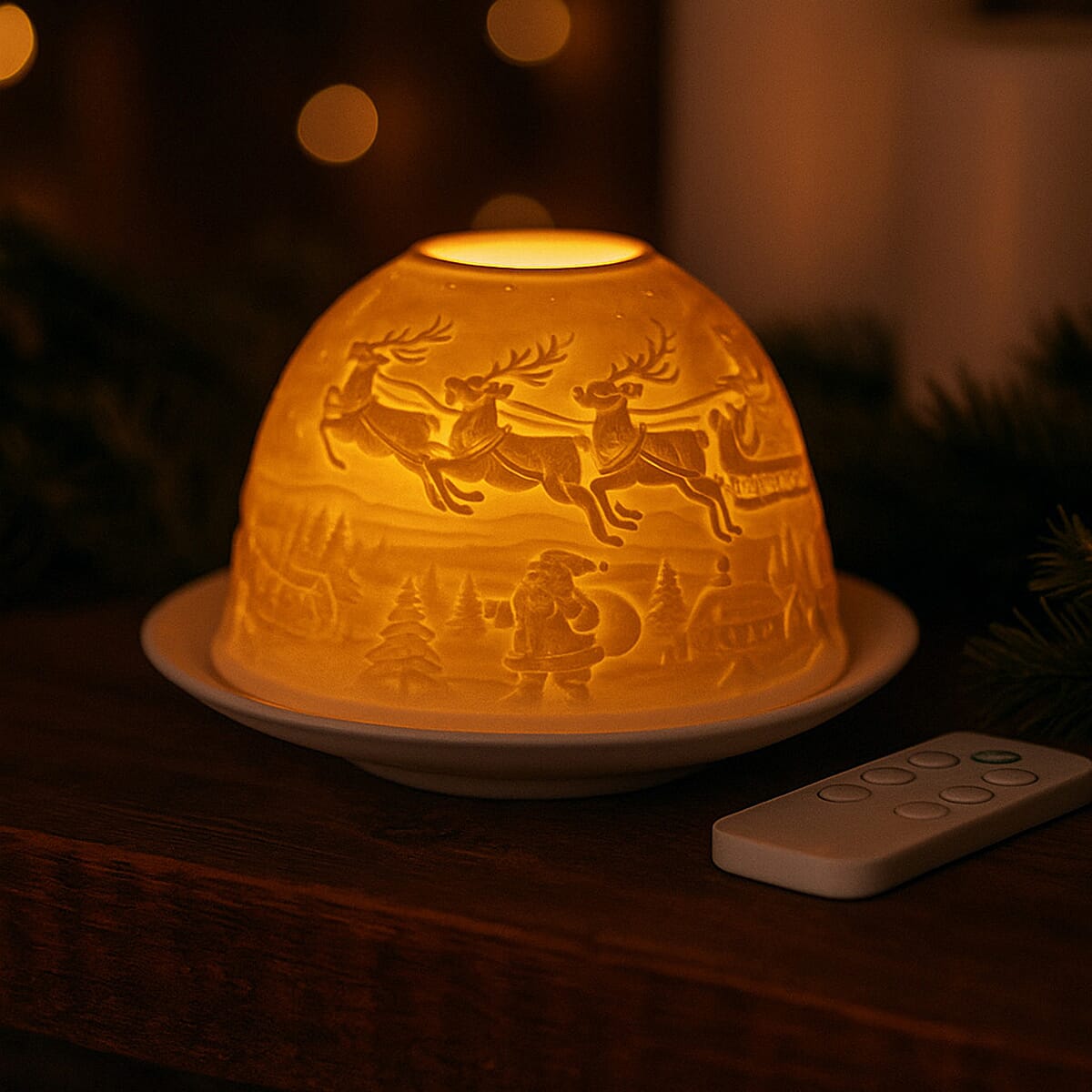 LIVMORE Christmas Porcelain Tealight Candle Holder - Santa & Reindeer Pattern, 13-Color LED Light with Remote Control