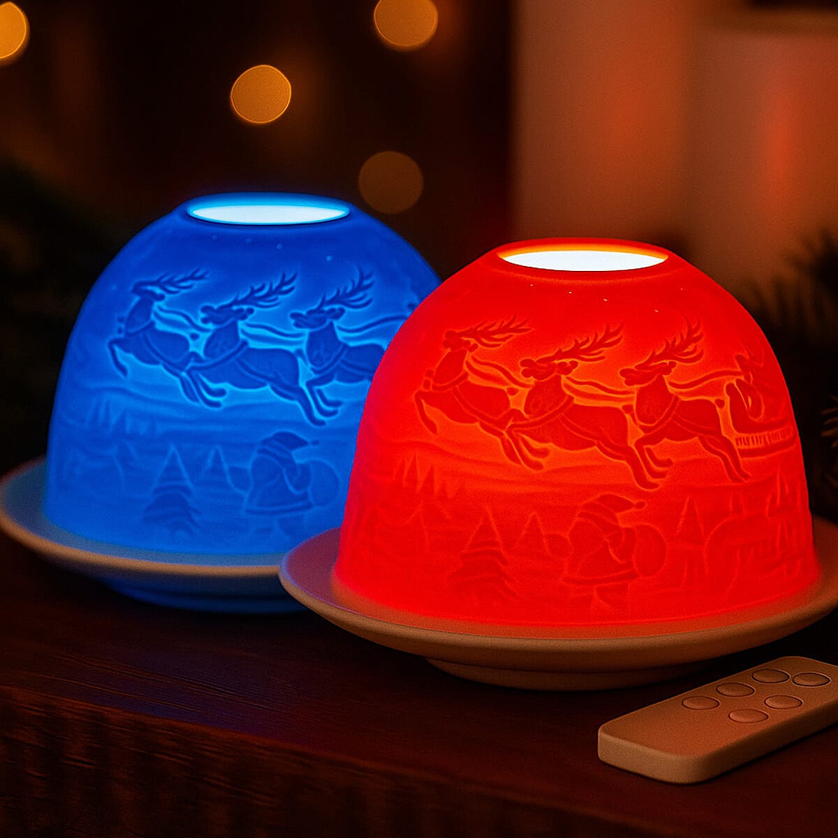 LIVMORE Christmas Porcelain Tealight Candle Holder - Santa & Reindeer Pattern, 13-Color LED Light with Remote Control
