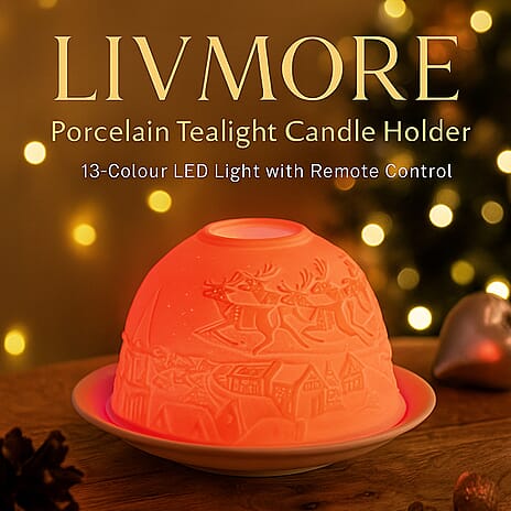 LIVMORE Christmas Porcelain Tealight Candle Holder - Santa & Reindeer Pattern, 13-Color LED Light with Remote Control