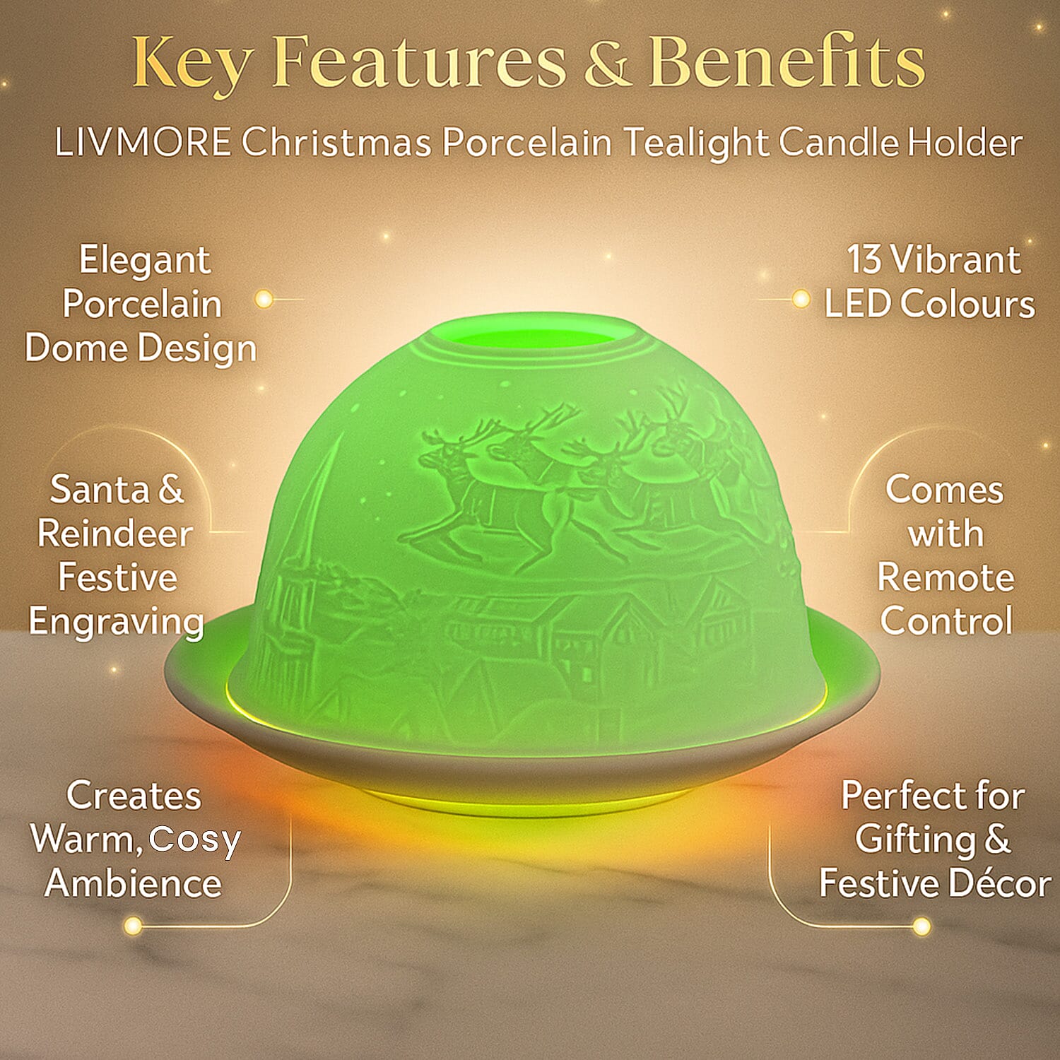 LIVMORE Christmas Porcelain Tealight Candle Holder - Santa & Reindeer Pattern, 13-Color LED Light with Remote Control