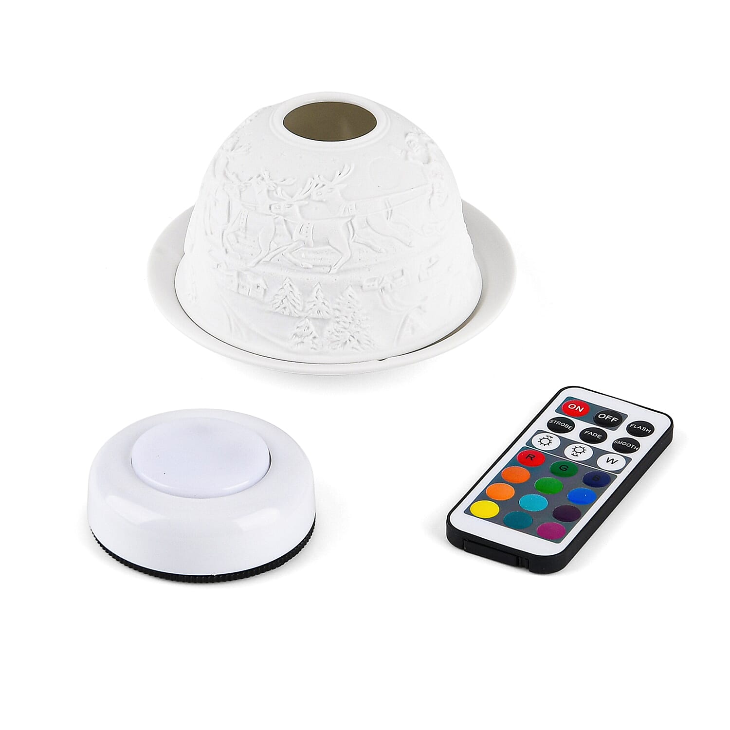 LIVMORE Christmas Porcelain Tealight Candle Holder - Santa & Reindeer Pattern, 13-Color LED Light with Remote Control