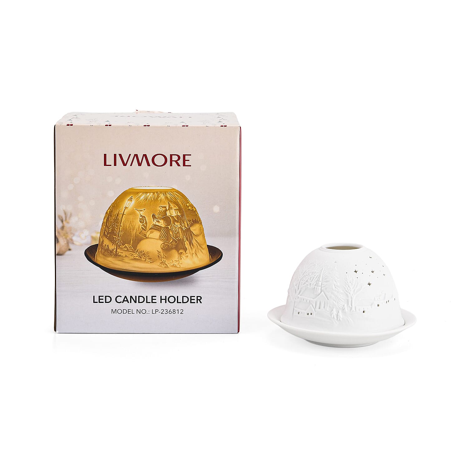 LIVMORE Christmas Porcelain Tealight Candle Holder - Chapel in Winter Pattern, 13-Color LED Light with Remote Control