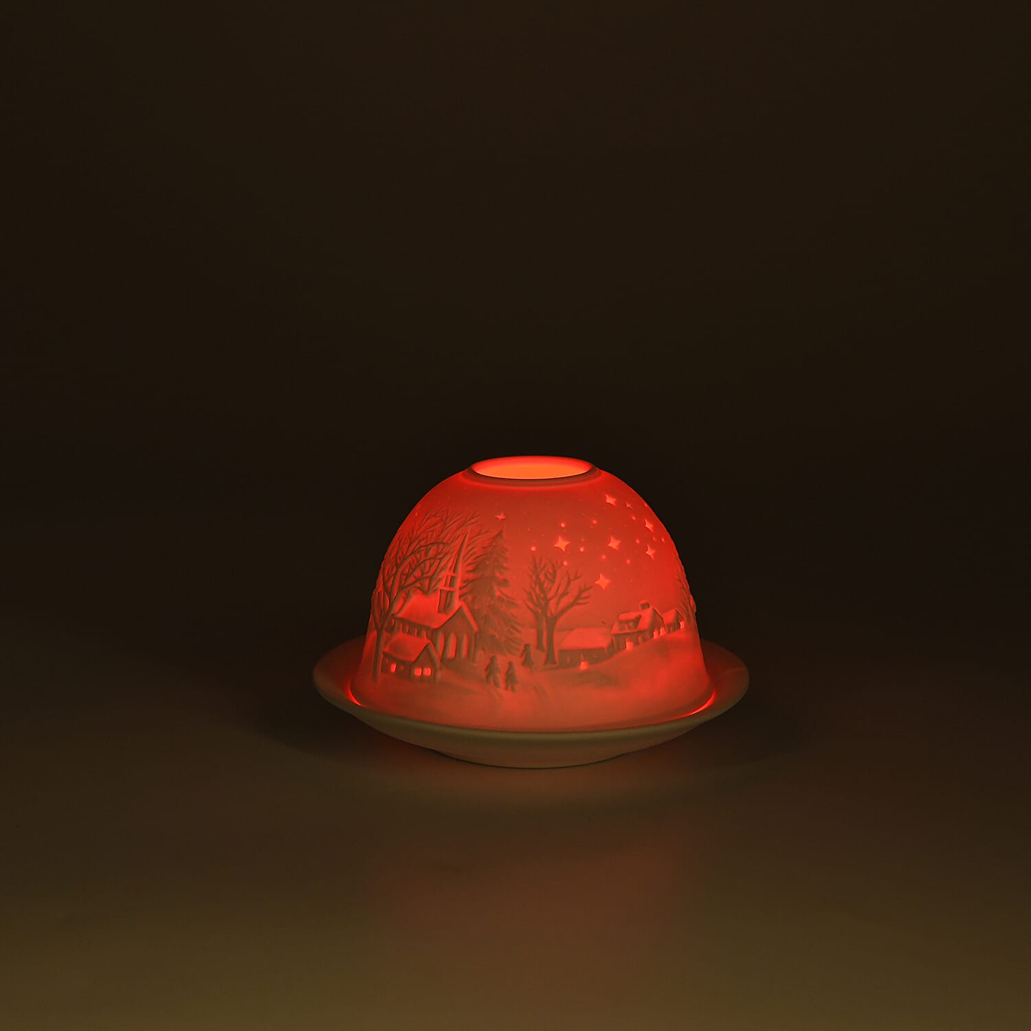 LIVMORE Christmas Porcelain Tealight Candle Holder - Chapel in Winter Pattern, 13-Color LED Light with Remote Control