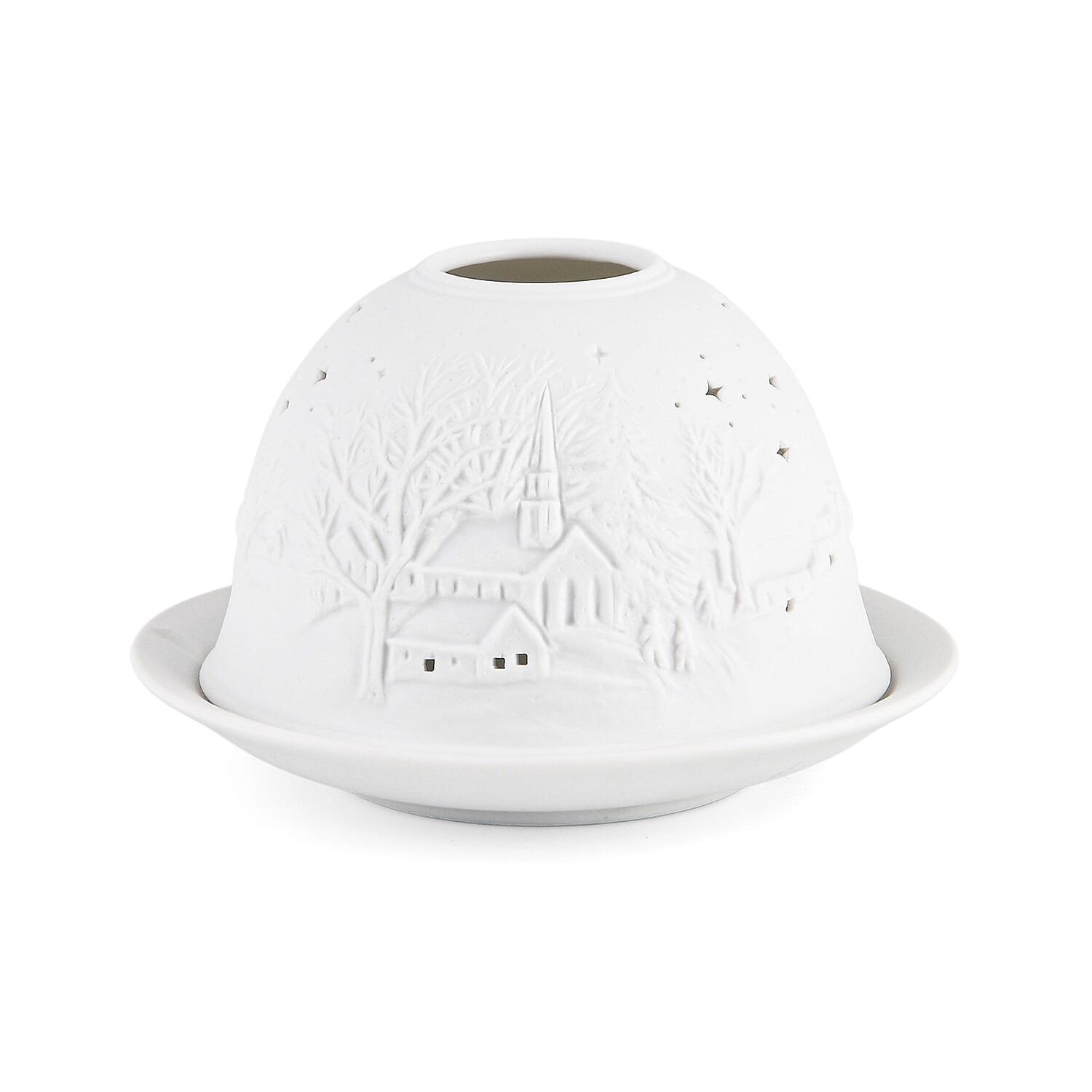 LIVMORE Christmas Porcelain Tealight Candle Holder - Chapel in Winter Pattern, 13-Color LED Light with Remote Control