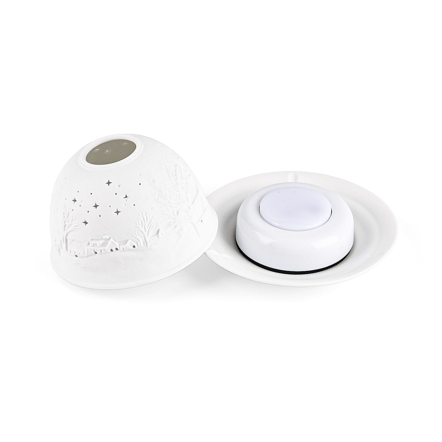 LIVMORE Christmas Porcelain Tealight Candle Holder - Chapel in Winter Pattern, 13-Color LED Light with Remote Control