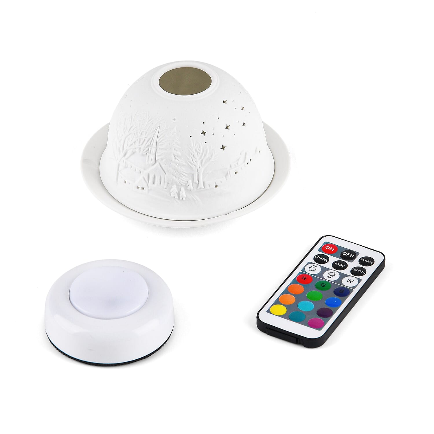 LIVMORE Christmas Porcelain Tealight Candle Holder - Chapel in Winter Pattern, 13-Color LED Light with Remote Control