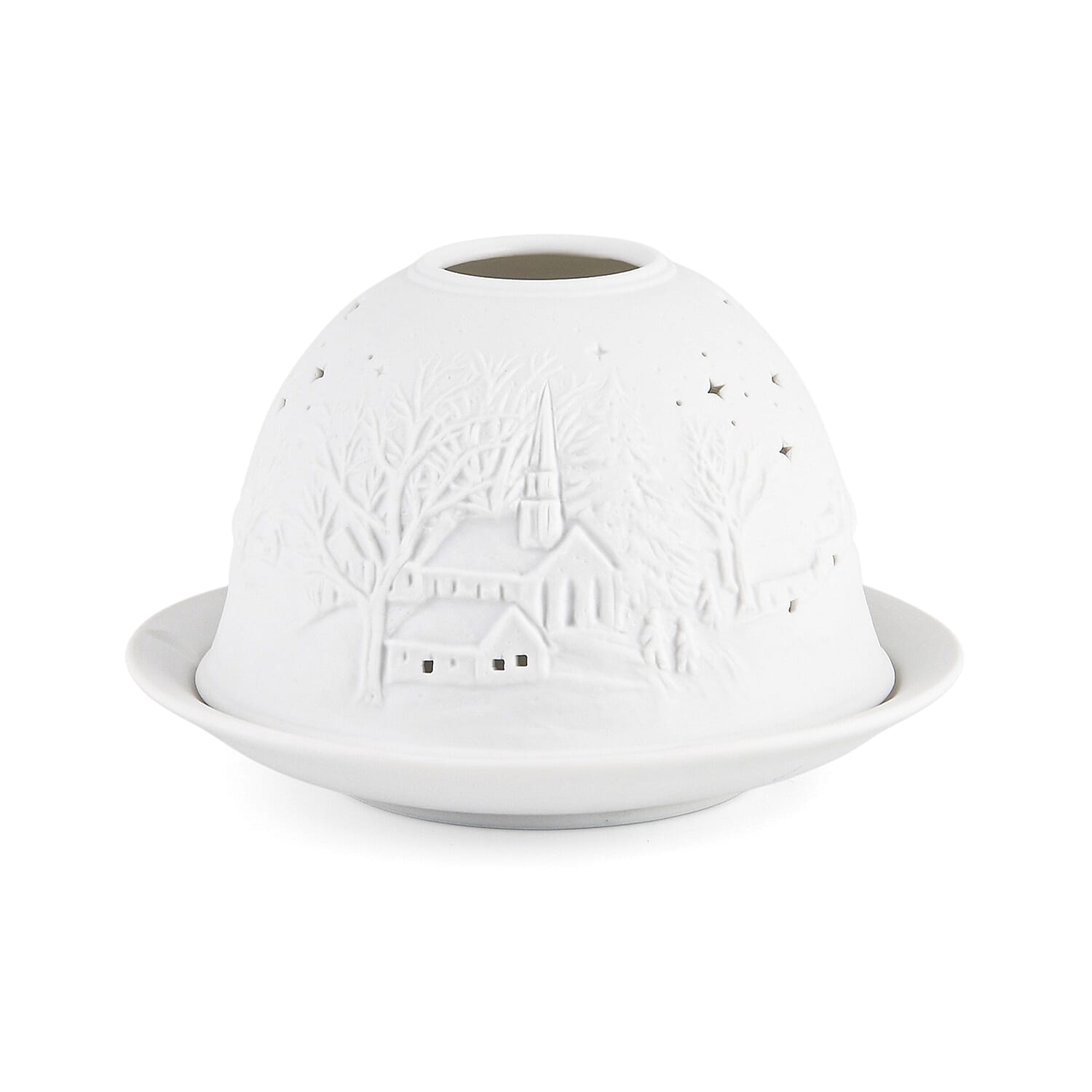 LIVMORE Christmas Porcelain Tealight Candle Holder - Chapel in Winter Pattern, 13-Color LED Light with Remote Control