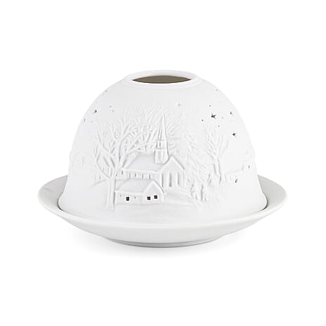 LIVMORE Christmas Porcelain Tealight Candle Holder - Chapel in Winter Pattern, 13-Color LED Light with Remote Control