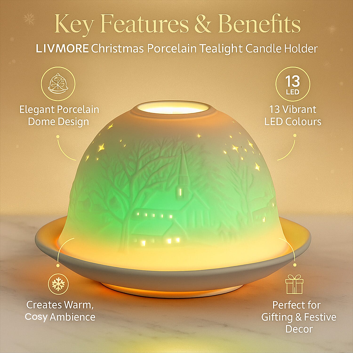 LIVMORE Christmas Porcelain Tealight Candle Holder - Chapel in Winter Pattern, 13-Color LED Light with Remote Control