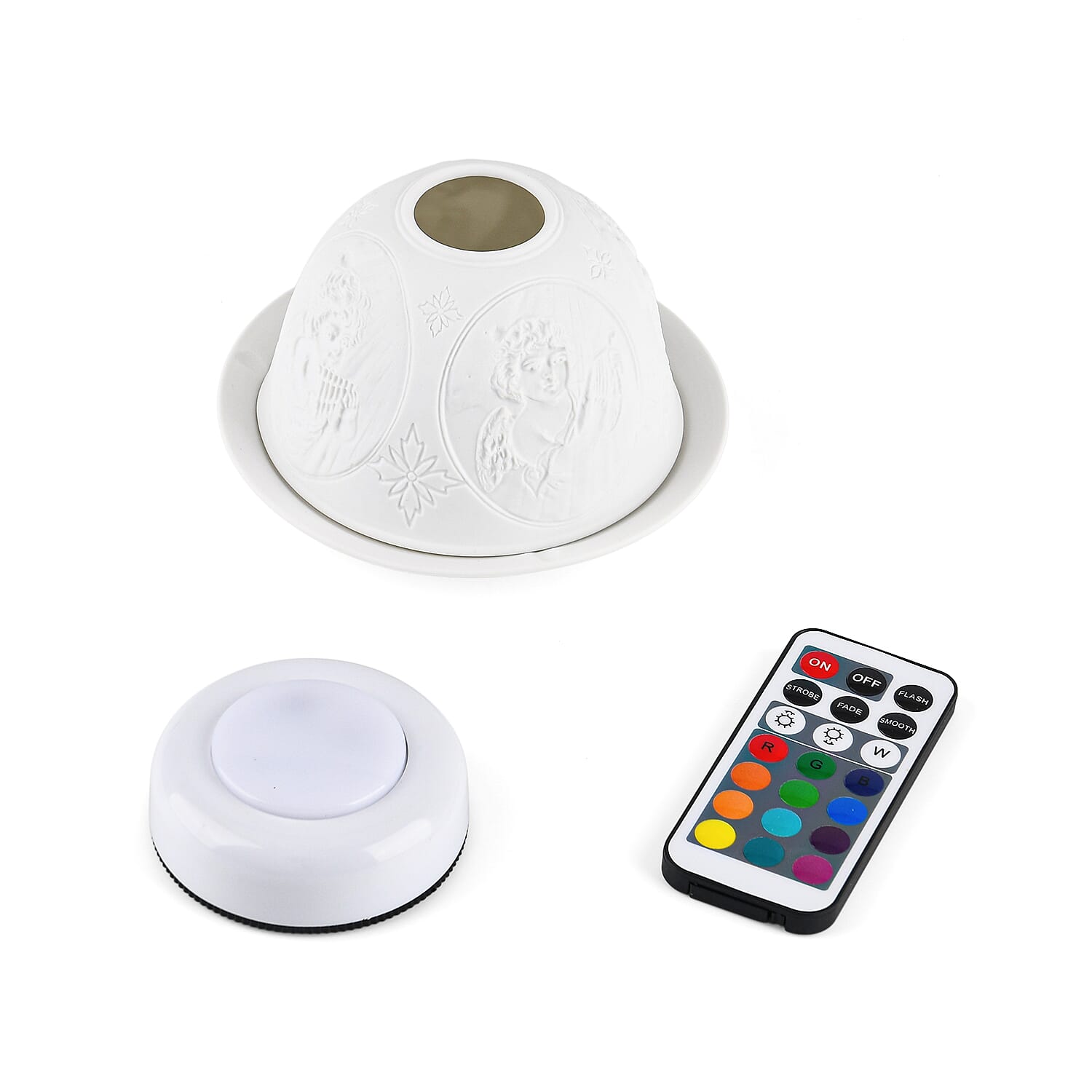 LIVMORE Christmas Porcelain Tealight Candle Holder - Angel Pattern, 13-Color LED Light with Remote Control