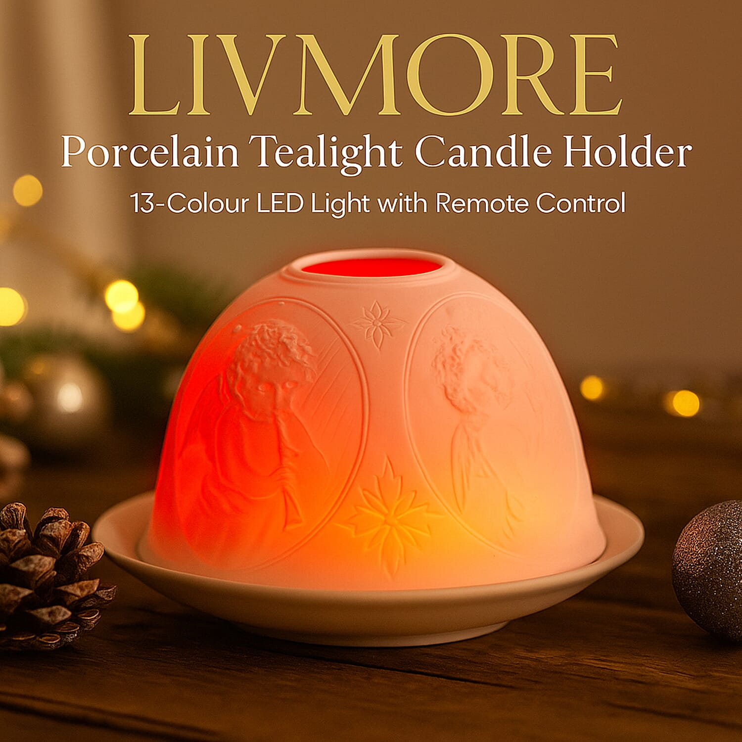 LIVMORE Christmas Porcelain Tealight Candle Holder - Angel Pattern, 13-Color LED Light with Remote Control