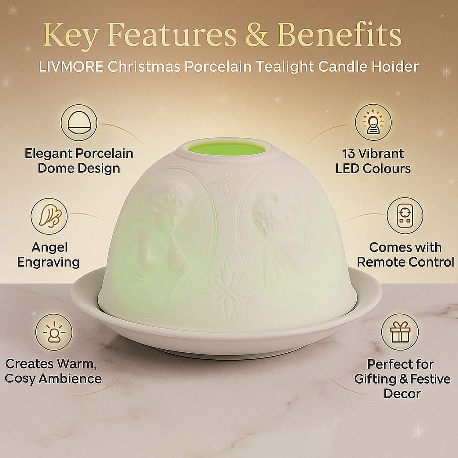 LIVMORE Christmas Porcelain Tealight Candle Holder - Angel Pattern, 13-Color LED Light with Remote Control