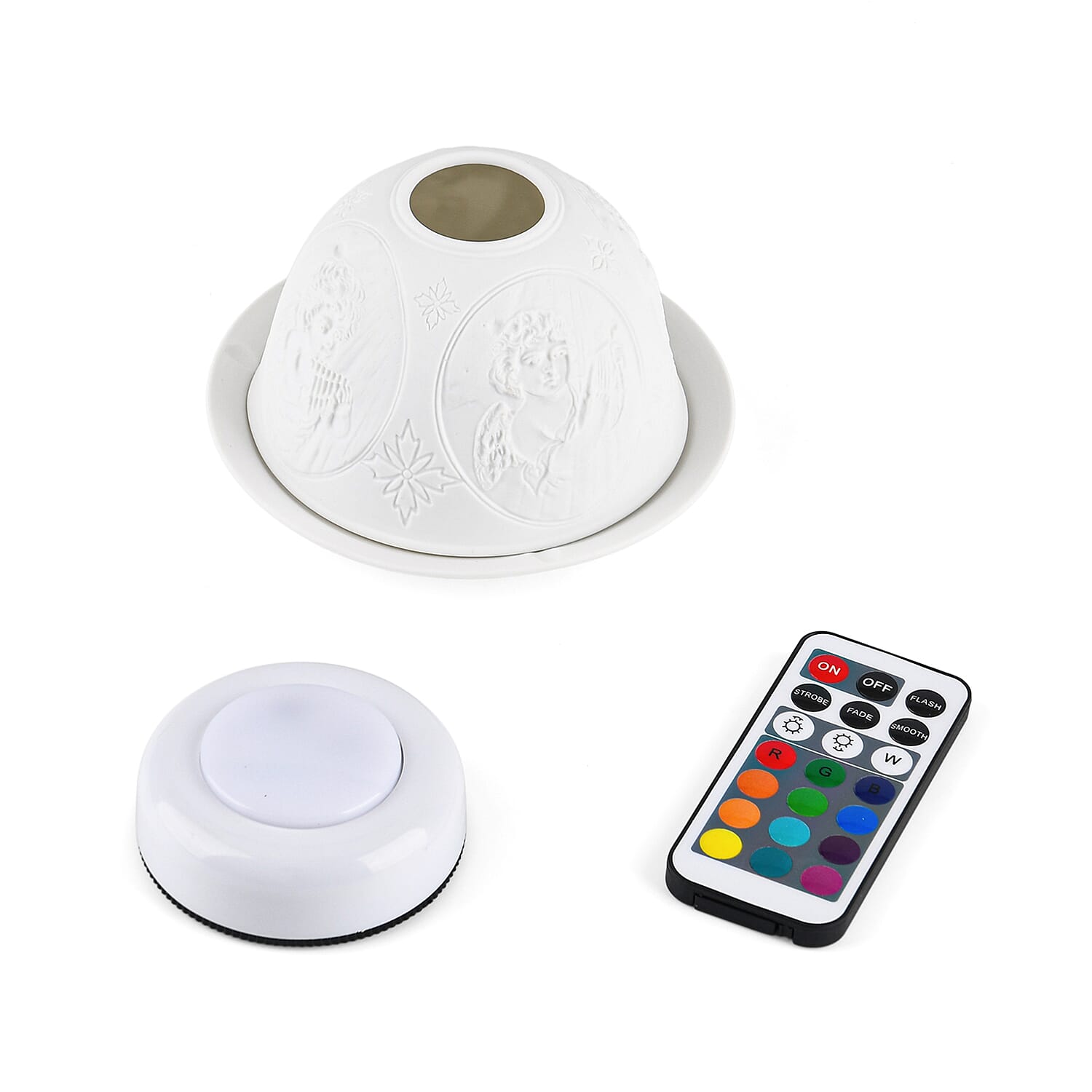 LIVMORE Christmas Porcelain Tealight Candle Holder - Angel Pattern, 13-Color LED Light with Remote Control