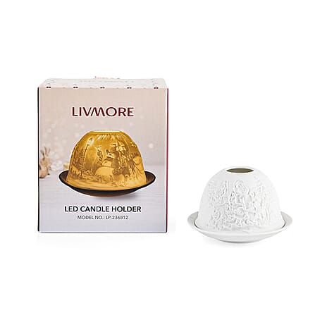 LIVMORE Christmas Porcelain Tealight Candle Holder - Santa & Snowman Pattern, 13-Color LED Light with Remote Control