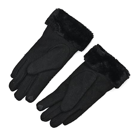 NEW - 70 % Cashmere Blend Gloves with Ultra Soft Faux Fur Cuff (One Size) with Touch Screen Tech - Black