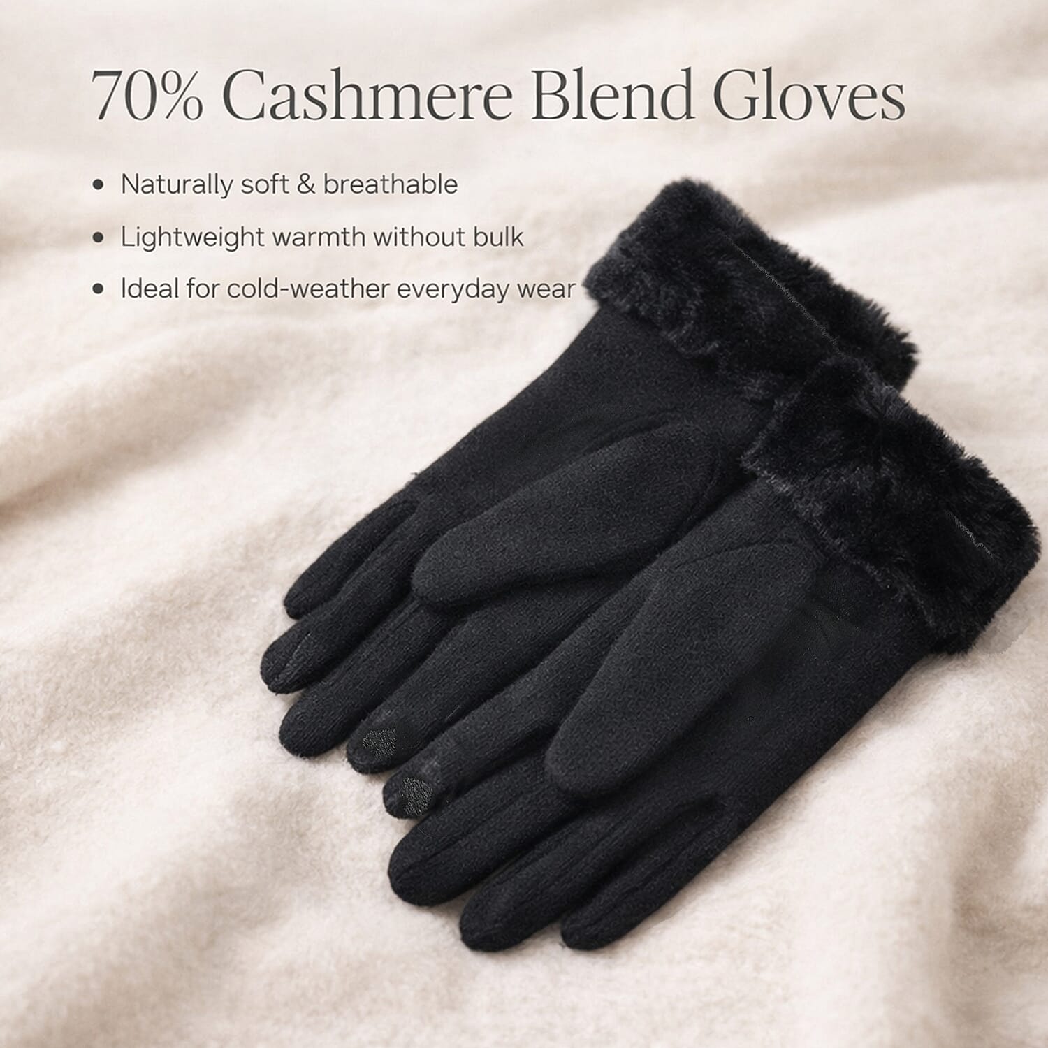 NEW - 70 % Cashmere Blend Gloves with Ultra Soft Faux Fur Cuff (One Size) with Touch Screen Tech - Black