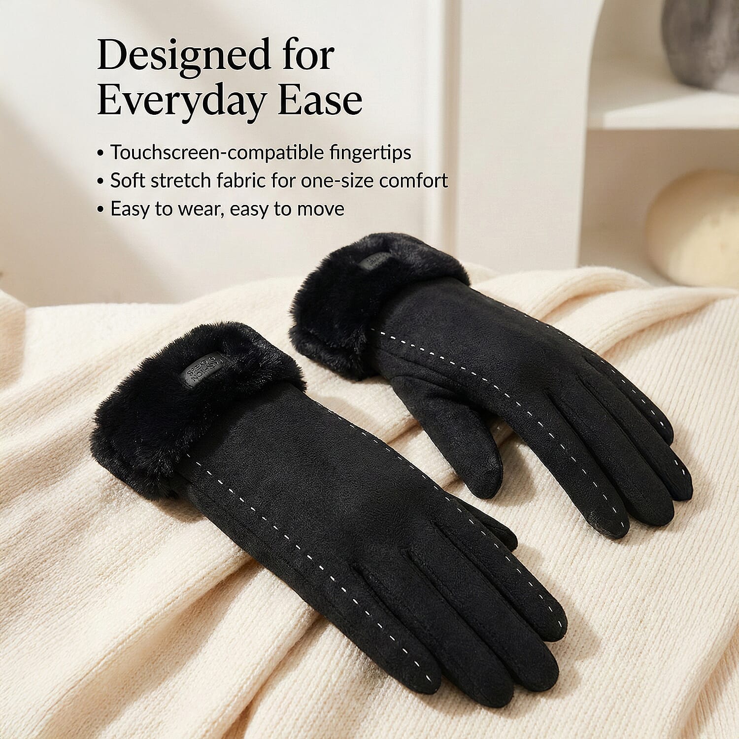 NEW - 70 % Cashmere Blend Gloves with Ultra Soft Faux Fur Cuff (One Size) with Touch Screen Tech - Black
