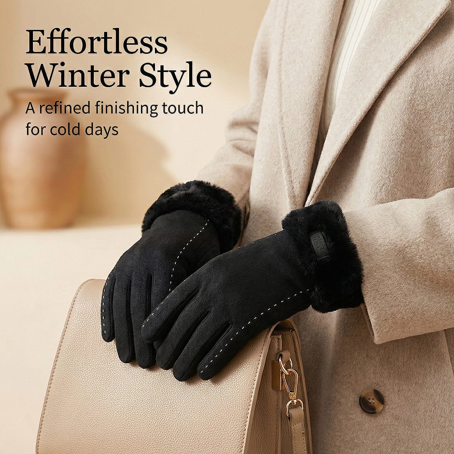 NEW - 70 % Cashmere Blend Gloves with Ultra Soft Faux Fur Cuff (One Size) with Touch Screen Tech - Black