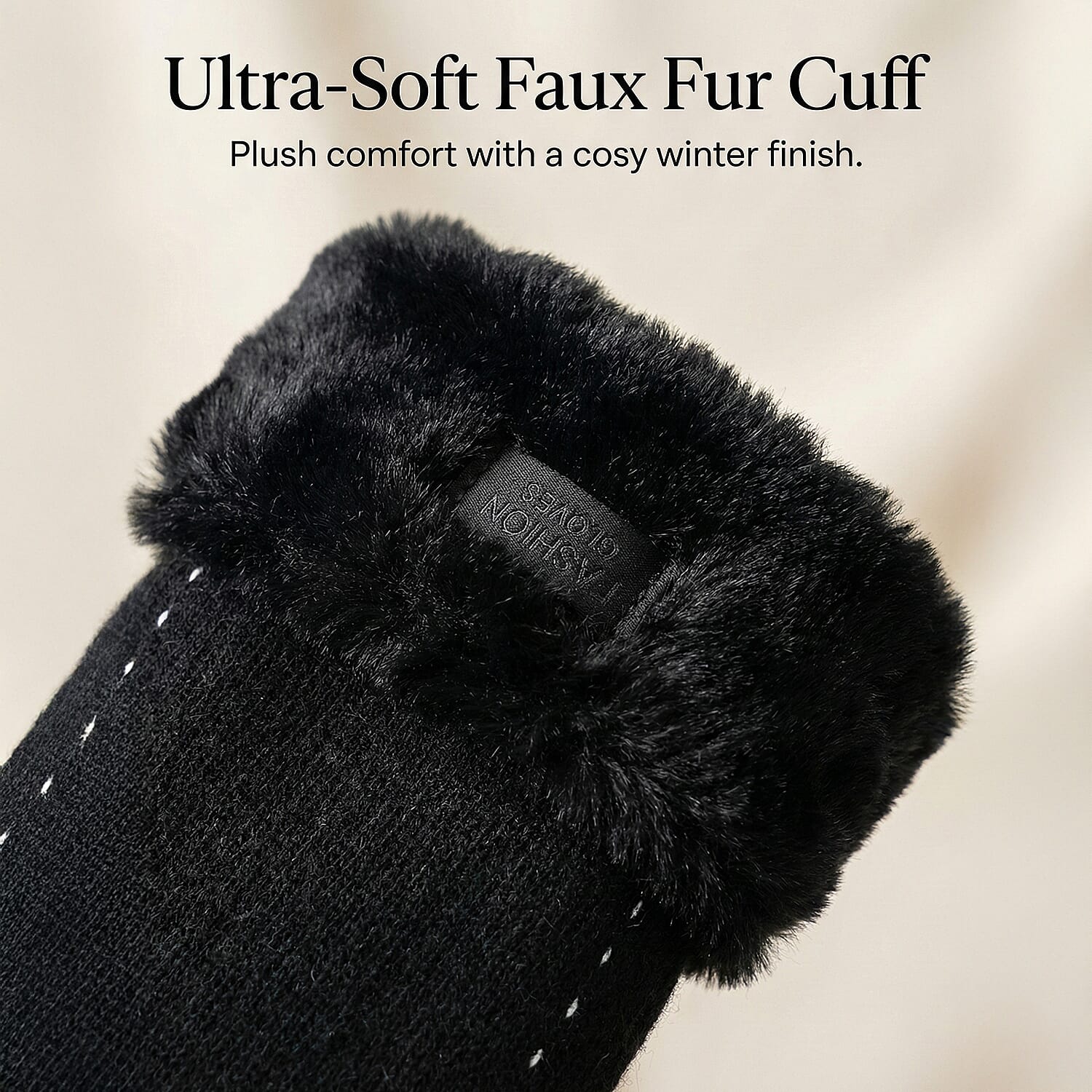 NEW - 70 % Cashmere Blend Gloves with Ultra Soft Faux Fur Cuff (One Size) with Touch Screen Tech - Black