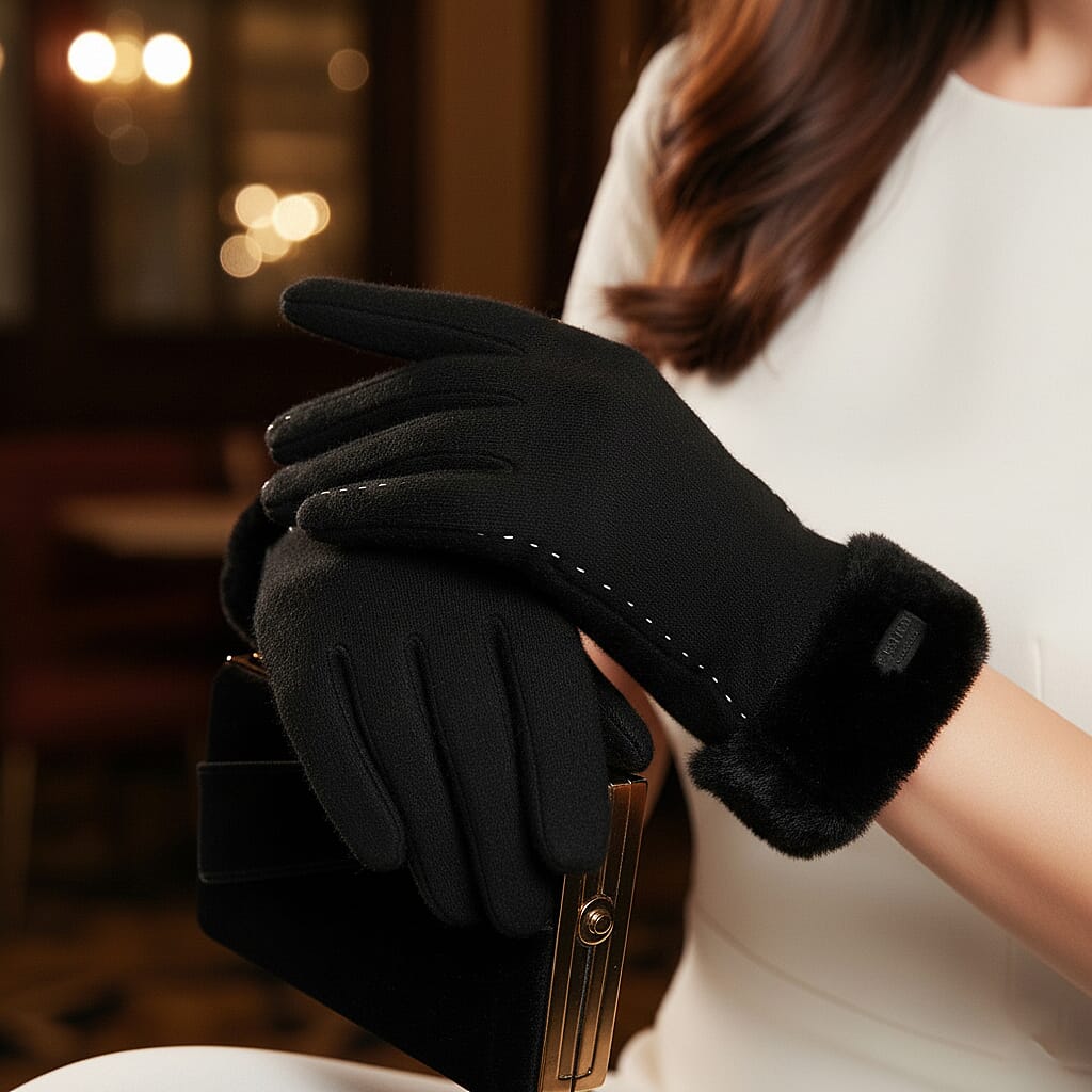 BRAND NEW -  70 % Cashmere Blend Gloves with Ultra soft Faux Fur Cuff (One Size) with touch screen tech - Black