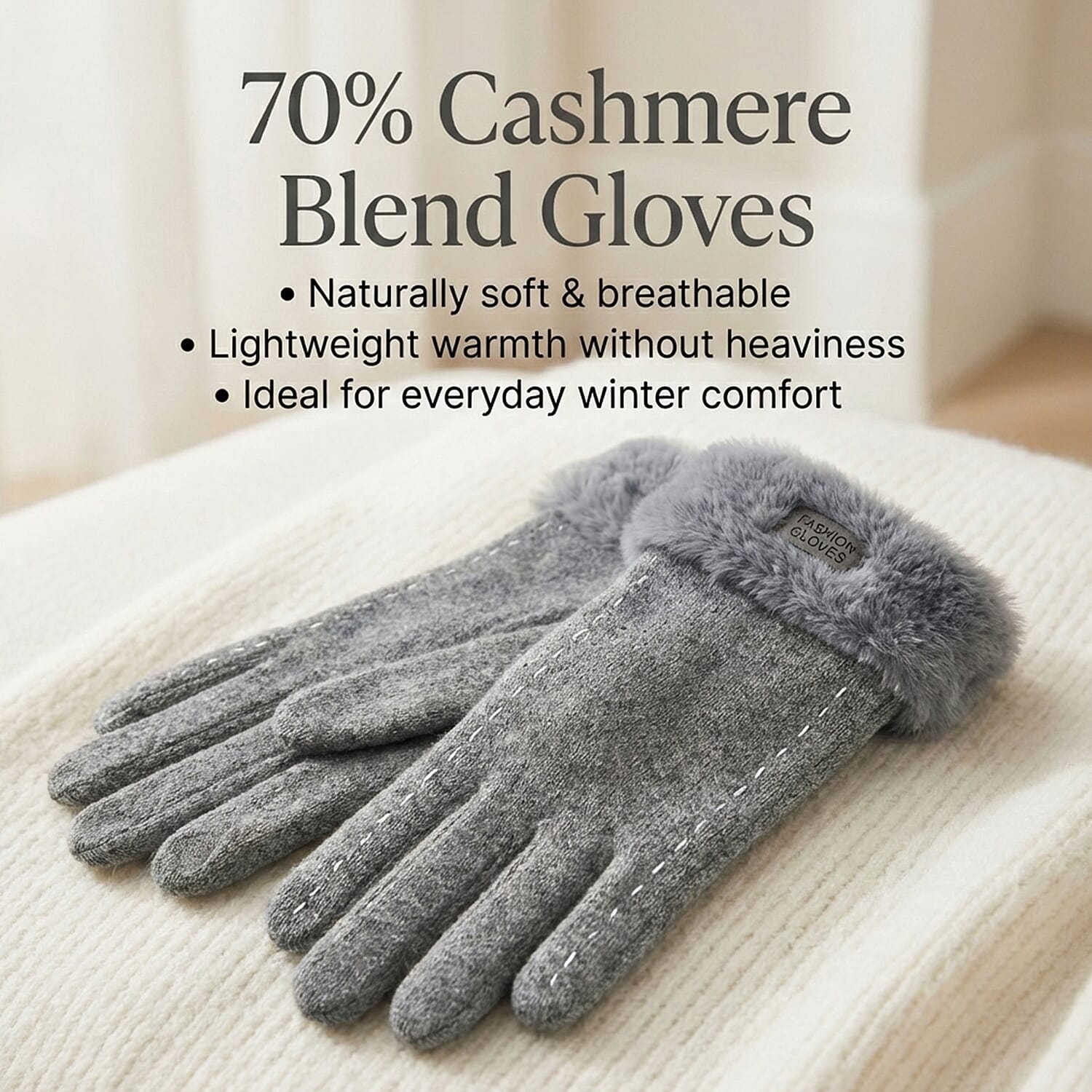 BRAND NEW -  70 % Cashmere Blend Gloves with Ultra soft Faux Fur Cuff (One Size) with touch screen tech - Grey