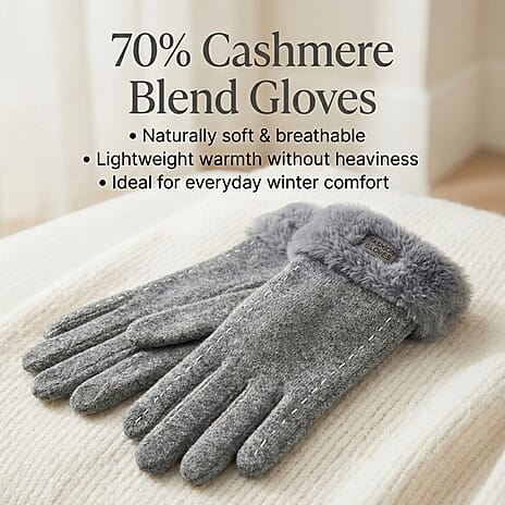 BRAND NEW -  70 % Cashmere Blend Gloves with Ultra soft Faux Fur Cuff (One Size) with touch screen tech - Grey