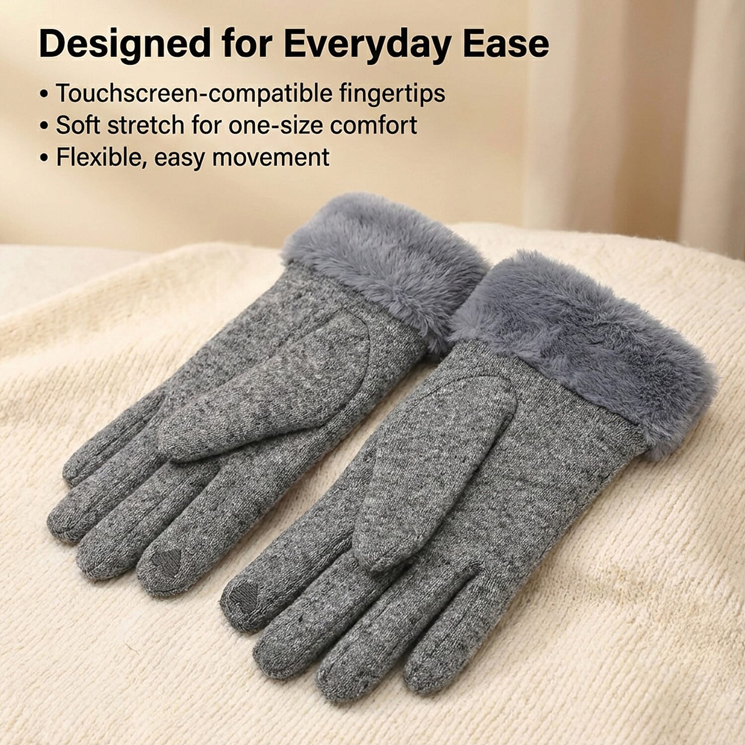BRAND NEW -  70 % Cashmere Blend Gloves with Ultra soft Faux Fur Cuff (One Size) with touch screen tech - Grey