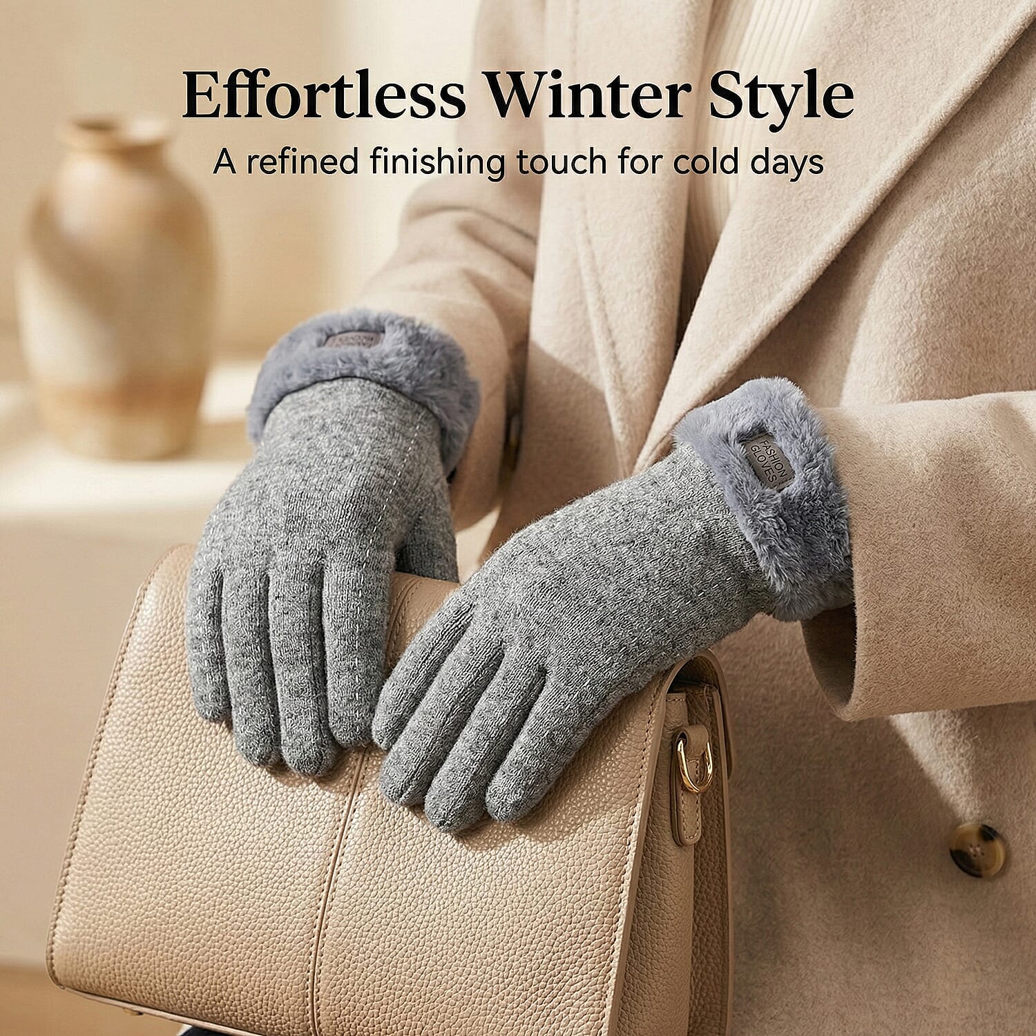 BRAND NEW -  70 % Cashmere Blend Gloves with Ultra soft Faux Fur Cuff (One Size) with touch screen tech - Grey