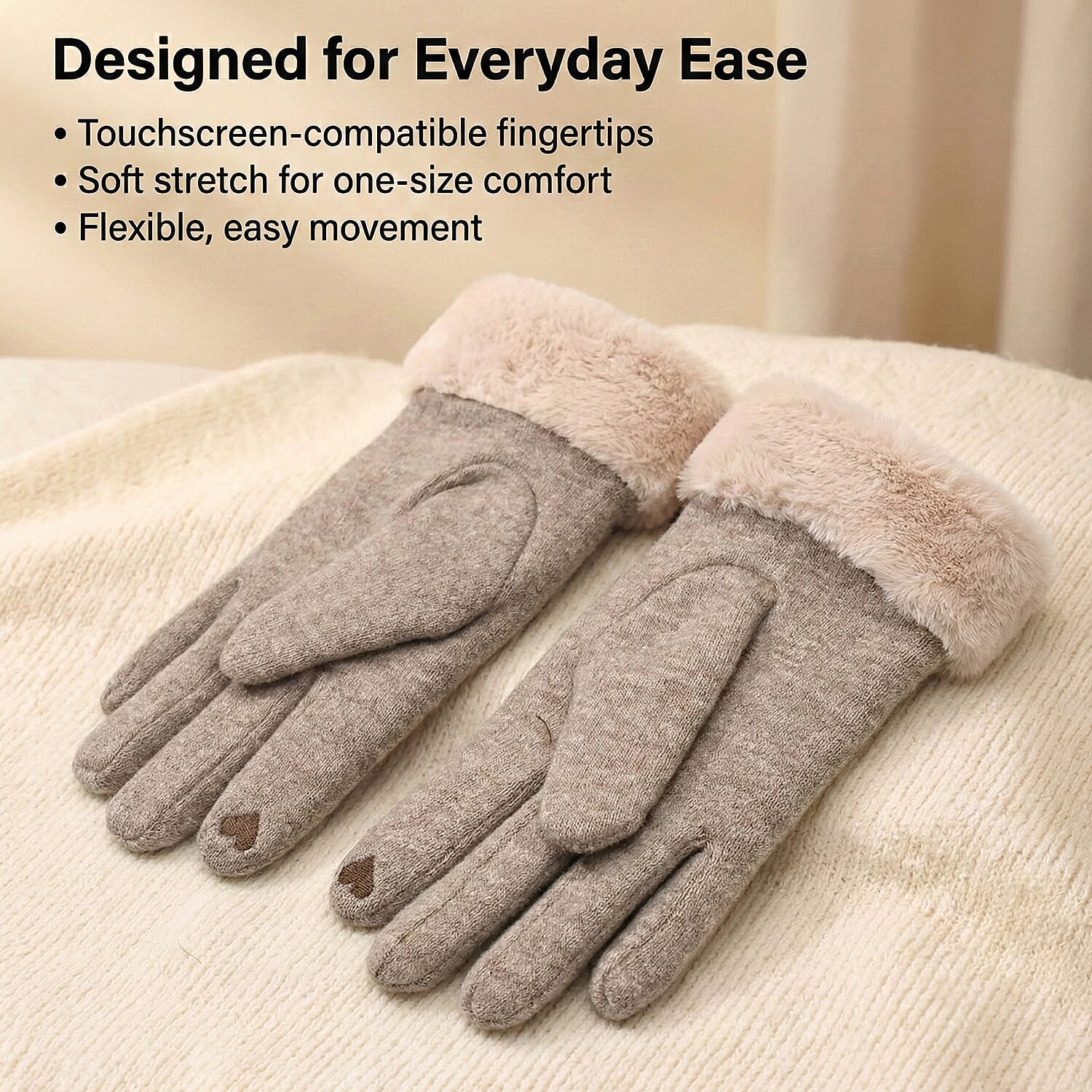 BRAND NEW -  70 % Cashmere Blend Gloves with Ultra soft Faux Fur Cuff (One Size) with touch screen tech - Beige